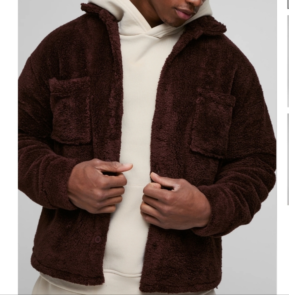 NWT BoohooMAN Borg Sherpa Button Down Shirt Jacket in Chocolate Oversized S